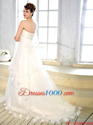 One Shoulder Sleeveless Tulle Wedding Gown Sashes|ribbons and Hand Made Flower Brush Train Lace Up