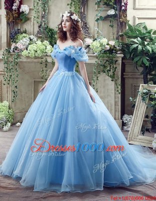 Blue Wedding Dresses Wedding Party and For with Ruching and Bowknot Off The Shoulder Sleeveless Lace Up