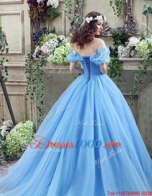 Blue Wedding Dresses Wedding Party and For with Ruching and Bowknot Off The Shoulder Sleeveless Lace Up