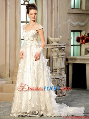 Stylish Cap Sleeves With Train Beading and Appliques and Ruffles Lace Up Wedding Dress with White Brush Train