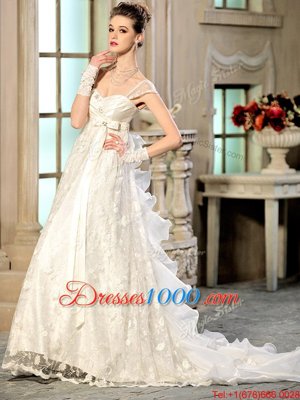 Stylish Cap Sleeves With Train Beading and Appliques and Ruffles Lace Up Wedding Dress with White Brush Train