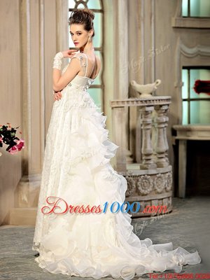 Stylish Cap Sleeves With Train Beading and Appliques and Ruffles Lace Up Wedding Dress with White Brush Train