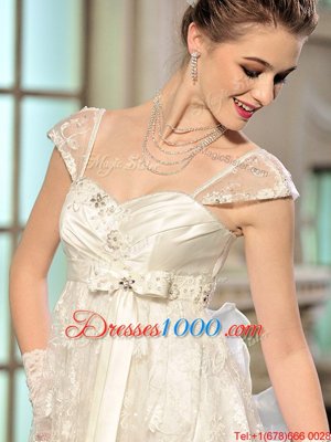 Stylish Cap Sleeves With Train Beading and Appliques and Ruffles Lace Up Wedding Dress with White Brush Train