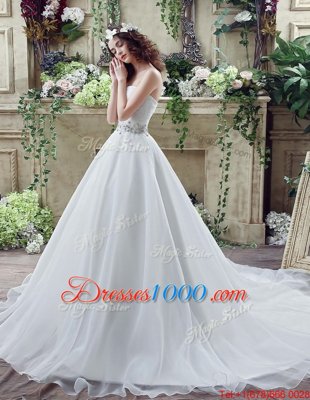 Popular White Lace Up Wedding Gowns Beading Sleeveless Court Train