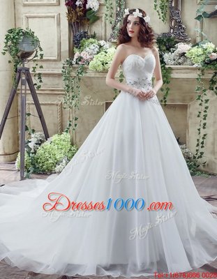 Popular White Lace Up Wedding Gowns Beading Sleeveless Court Train