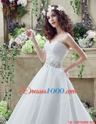 Popular White Lace Up Wedding Gowns Beading Sleeveless Court Train