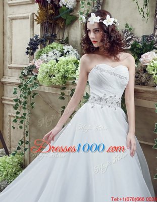 Popular White Lace Up Wedding Gowns Beading Sleeveless Court Train