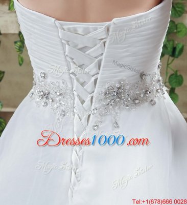 Popular White Lace Up Wedding Gowns Beading Sleeveless Court Train