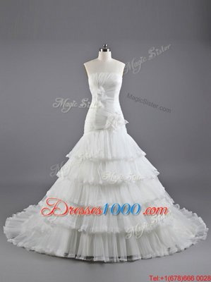White Lace Up Wedding Gowns Ruffled Layers and Hand Made Flower Sleeveless Brush Train