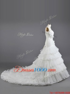 White Lace Up Wedding Gowns Ruffled Layers and Hand Made Flower Sleeveless Brush Train