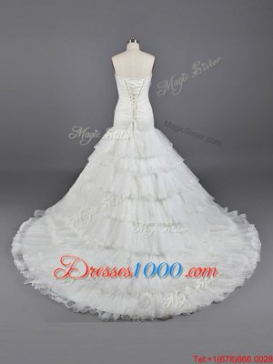 White Lace Up Wedding Gowns Ruffled Layers and Hand Made Flower Sleeveless Brush Train