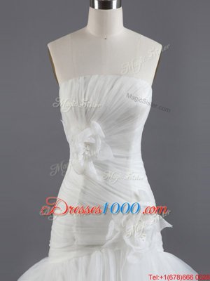 White Lace Up Wedding Gowns Ruffled Layers and Hand Made Flower Sleeveless Brush Train