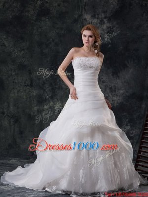 White Strapless Zipper Beading and Appliques and Ruching and Pick Ups Wedding Gowns Brush Train Sleeveless