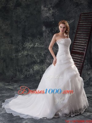 White Strapless Zipper Beading and Appliques and Ruching and Pick Ups Wedding Gowns Brush Train Sleeveless