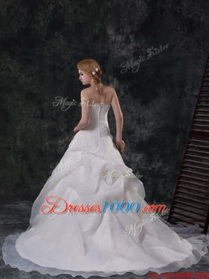 White Strapless Zipper Beading and Appliques and Ruching and Pick Ups Wedding Gowns Brush Train Sleeveless