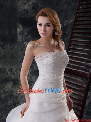 White Strapless Zipper Beading and Appliques and Ruching and Pick Ups Wedding Gowns Brush Train Sleeveless