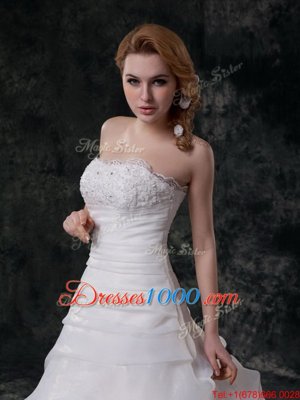 White Strapless Zipper Beading and Appliques and Ruching and Pick Ups Wedding Gowns Brush Train Sleeveless