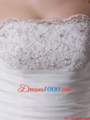 White Strapless Zipper Beading and Appliques and Ruching and Pick Ups Wedding Gowns Brush Train Sleeveless