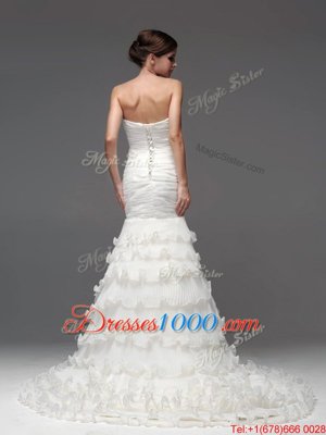 Adorable Mermaid White Organza Lace Up Wedding Gowns Sleeveless With Brush Train Ruffled Layers