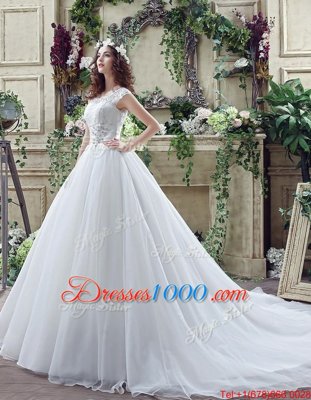 White Organza and Lace Zipper Scalloped Sleeveless Wedding Gown Court Train Beading and Lace