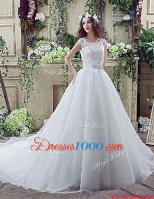 White Organza and Lace Zipper Scalloped Sleeveless Wedding Gown Court Train Beading and Lace