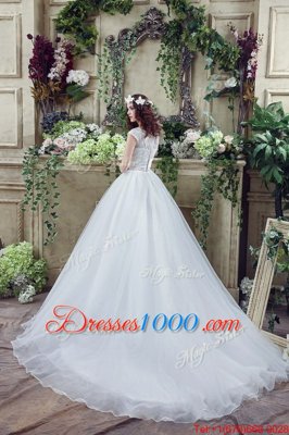 White Organza and Lace Zipper Scalloped Sleeveless Wedding Gown Court Train Beading and Lace