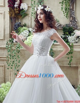 White Organza and Lace Zipper Scalloped Sleeveless Wedding Gown Court Train Beading and Lace