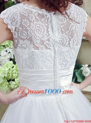 White Organza and Lace Zipper Scalloped Sleeveless Wedding Gown Court Train Beading and Lace