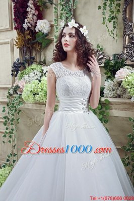 White Organza and Lace Zipper Scalloped Sleeveless Wedding Gown Court Train Beading and Lace