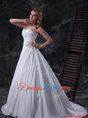 Customized White Lace Up Wedding Gowns Ruching Sleeveless Brush Train