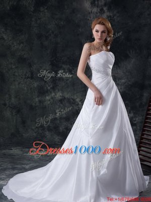 Customized White Lace Up Wedding Gowns Ruching Sleeveless Brush Train