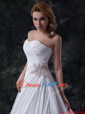 Customized White Lace Up Wedding Gowns Ruching Sleeveless Brush Train