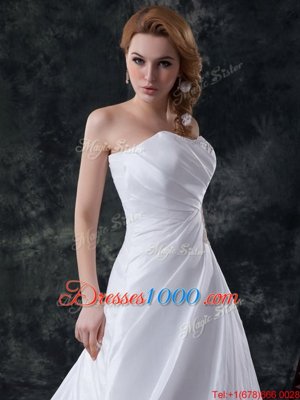 Customized White Lace Up Wedding Gowns Ruching Sleeveless Brush Train