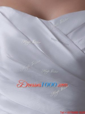 Customized White Lace Up Wedding Gowns Ruching Sleeveless Brush Train