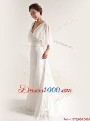 V-neck Half Sleeves Chiffon Wedding Gown Ruching Brush Train Zipper