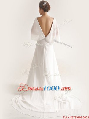 V-neck Half Sleeves Chiffon Wedding Gown Ruching Brush Train Zipper