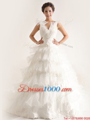 Modest Sleeveless Chiffon With Brush Train Zipper Wedding Dress in White for with Ruffled Layers