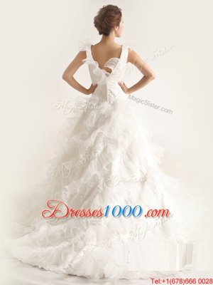Modest Sleeveless Chiffon With Brush Train Zipper Wedding Dress in White for with Ruffled Layers