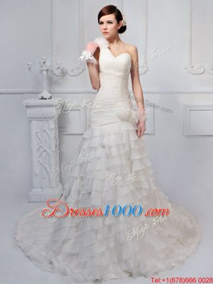 Custom Designed One Shoulder Ruffled Layers and Ruching and Hand Made Flower Wedding Dresses White Lace Up Sleeveless Brush Train