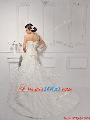 Custom Designed One Shoulder Ruffled Layers and Ruching and Hand Made Flower Wedding Dresses White Lace Up Sleeveless Brush Train