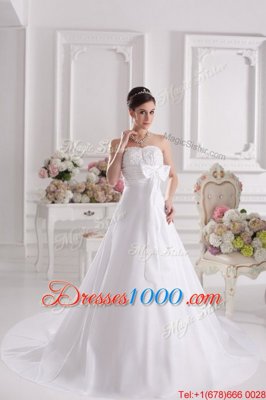 Adorable White Sleeveless Satin Court Train Lace Up Wedding Dresses for Wedding Party