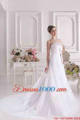 Adorable White Sleeveless Satin Court Train Lace Up Wedding Dresses for Wedding Party