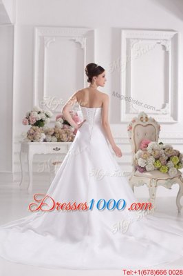 Adorable White Sleeveless Satin Court Train Lace Up Wedding Dresses for Wedding Party