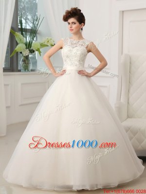 Scoop Beading and Appliques Wedding Gowns White Zipper Sleeveless Floor Length