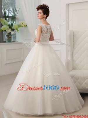 Scoop Beading and Appliques Wedding Gowns White Zipper Sleeveless Floor Length