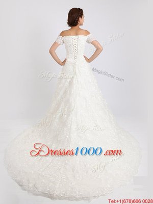 Comfortable White A-line Off The Shoulder Short Sleeves Lace With Train Court Train Lace Up Lace Wedding Gown