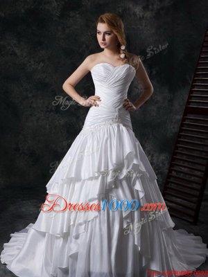 Ruffled Sweetheart Sleeveless Brush Train Lace Up Wedding Gowns White Taffeta