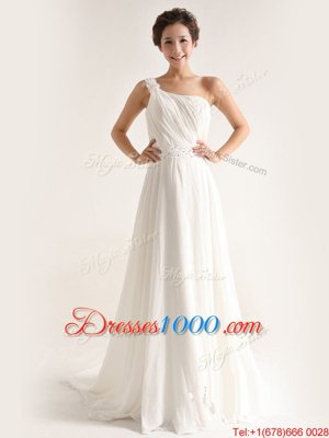 White One Shoulder Neckline Beading and Ruching Wedding Dresses Sleeveless Zipper