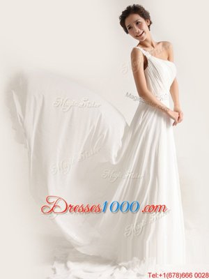White One Shoulder Neckline Beading and Ruching Wedding Dresses Sleeveless Zipper