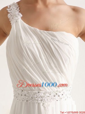 White One Shoulder Neckline Beading and Ruching Wedding Dresses Sleeveless Zipper